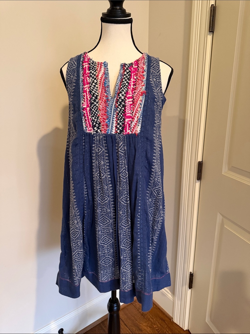 Sleeveless Blue Midi Dress with Pink Embroidered Front Panel